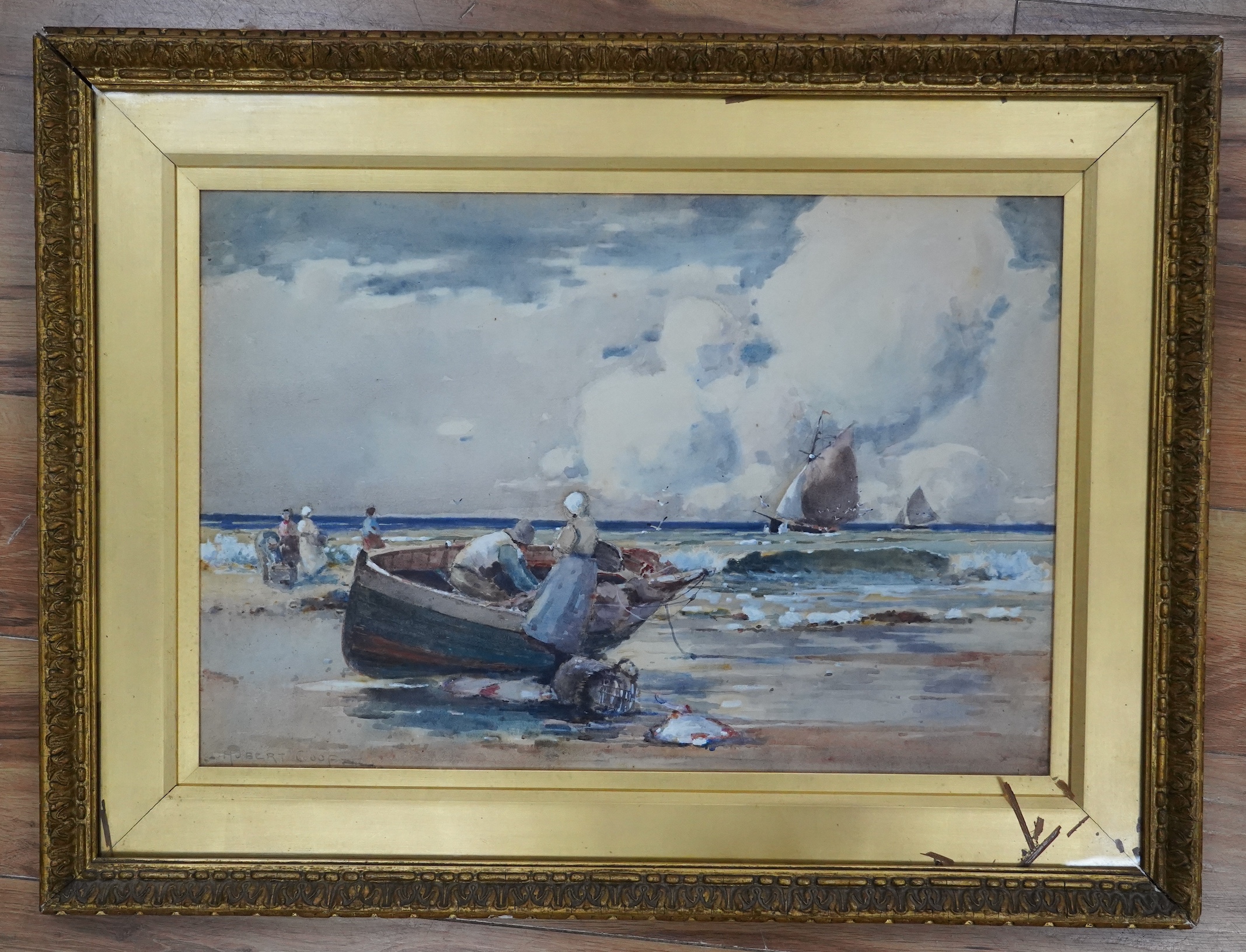 Hubert Coop (1872-1953), watercolour, ‘Bringing in The Catch’, signed, 36 x 55cm, ornate gilt framed